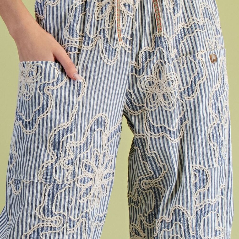 E20 EASEL EMBROIDERY STRIPED WOVEN PANTS IN DENIM BLUE - Picture 4 of 7